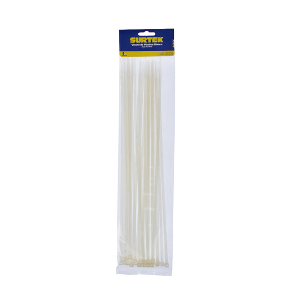 Cinchos plásticos 368 x 4.6 mm, tensión 22 kg de 25 piezas, color blanco Surtek